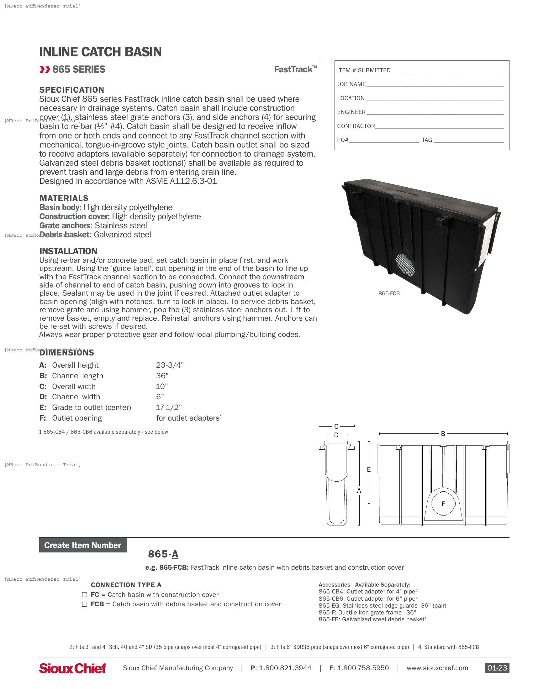 865 SERIES - FASTTRACK CATCH BASIN - SPEC SHEET.PDF Specification Document